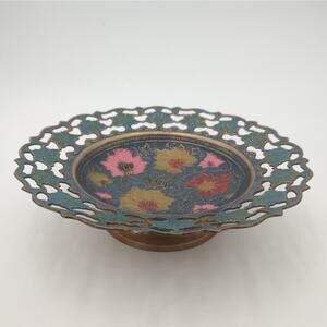 Vtg Ornate Solid Brass 9” Floral Compote Centerpiece Pierced Rim Pedestal